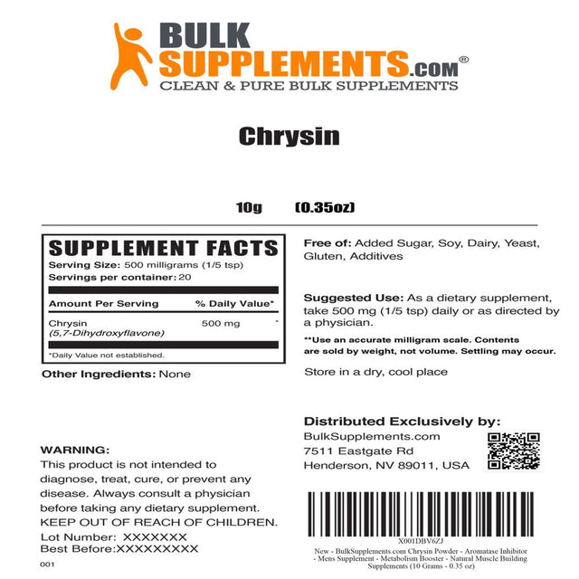 Bulksupplements.Com Chrysin Powder - Aromatase Inhibitor - Men'S Supplement - Metabolism Booster - Natural Muscle Building Supplements (10 Grams - 0.4 Oz)