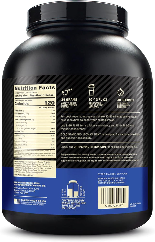 Optimum Nutrition Gold Standard 100% Micellar Casein Protein Powder, Slow Digesting, Helps Keep You Full, Overnight Muscle Recovery, Chocolate Supreme, 4 Pound (Packaging May Vary)