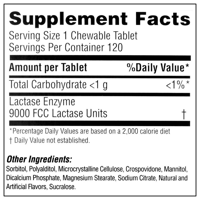 Equate Dairy Relief Chewable Tablet Dietary Supplement, Vanilla Flavor, over the Counter, 120 Count