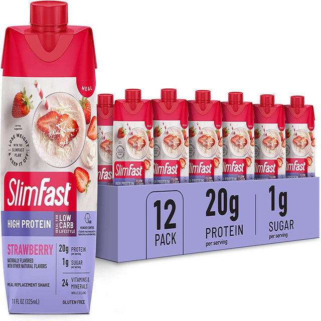 Slimfast Protein Shake, Strawberry- 20G Protein, Meal Replacement Shake Ready to Drink, High Protein with Low Carb and Low Sugar, 24 Vitamins and Minerals, 12 Count (Pack of 1)