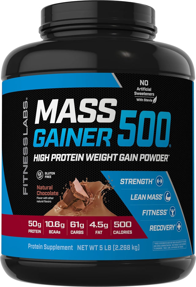 Fitness Labs Mass Gainer Protein Powder | 5 Lb | Chocolate Flavor | 500 Calories | with Bcaas | High Protein | Weight Gainer | Non-Gmo, Gluten Free Supplement