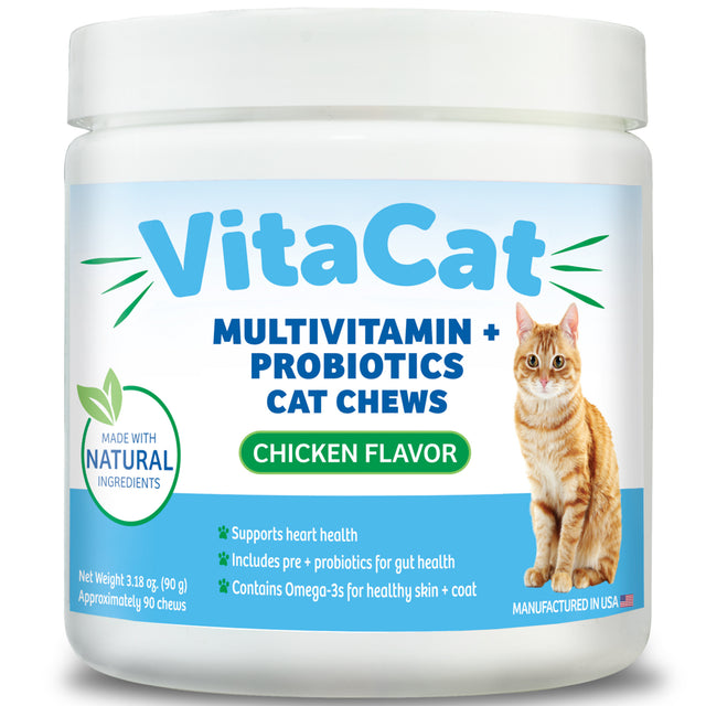 Vitacat Daily Multivitamin & Probiotics Cat Chews | Natural Supplement for Cats with Omega 3 | 90 Chicken Flavored Soft Chews | Made in the USA