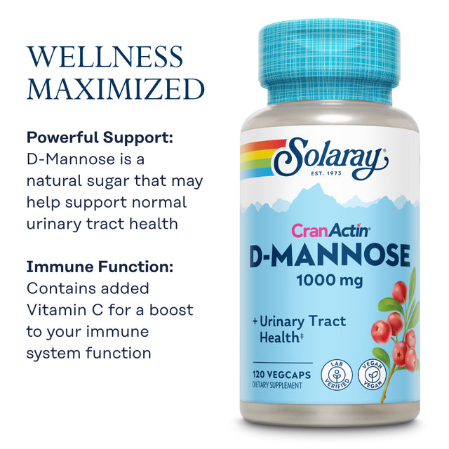 Solaray D-Mannose W/ Cranactin Cranberry Extract 1000Mg W/ Vit C , Healthy Urinary Tract Support (120 CT)