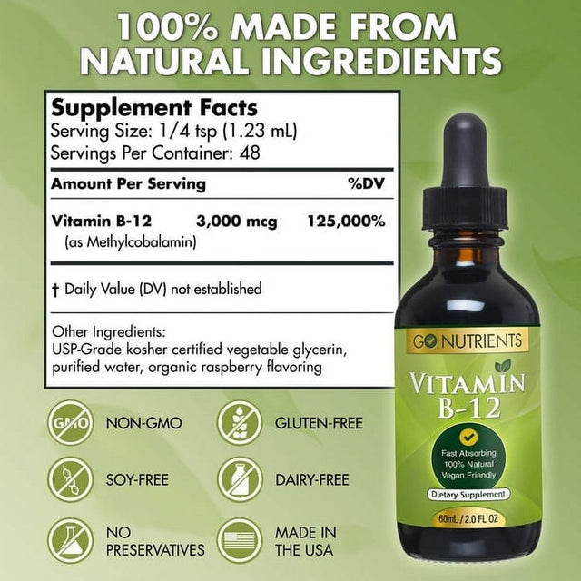 Go Nutrients Vitamin B12 Sublingual Liquid Drops Supplement with Raspberry, Vegan-Friendly - 2 Oz