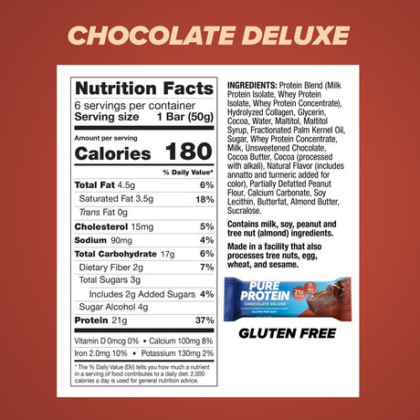 Pure Protein Bars, Chocolate Deluxe, 21G Protein, Gluten Free, 1.76 Oz, 6 Ct