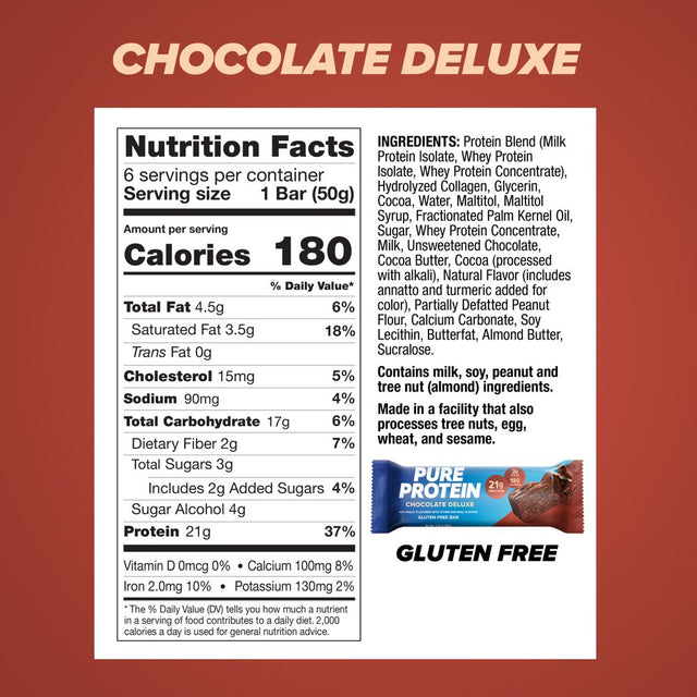 Pure Protein Bars, Chocolate Deluxe, 21G Protein, Gluten Free, 1.76 Oz, 6 Ct