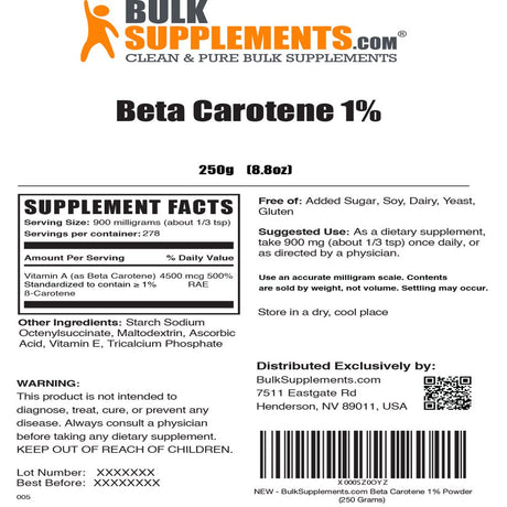 Bulksupplements.Com Beta Carotene Powder, 900Mg - Vitamin a Supplement - Supports Vision Health (250G - 278 Servings)