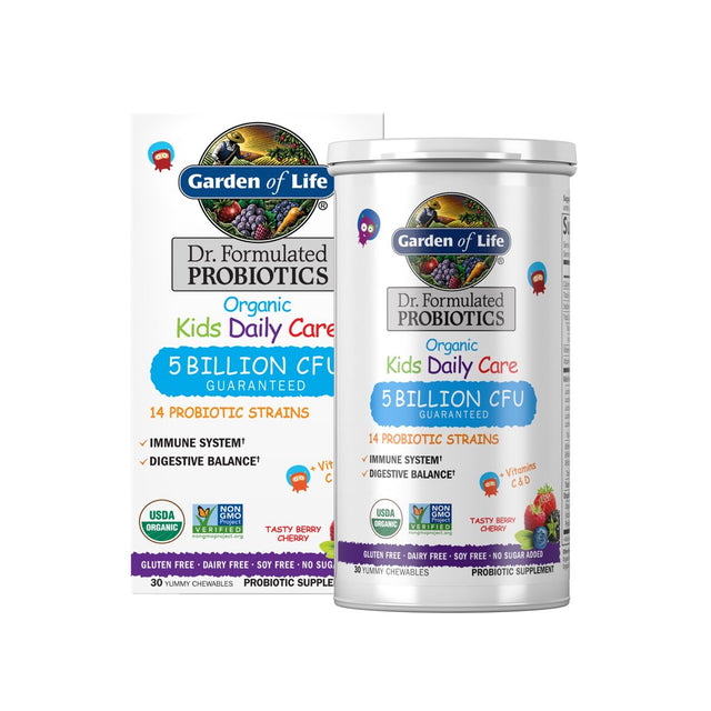 Garden of Life Dr. Formulated Kids Organic Probiotics | Daily Care | 5 Billion CFU | 30Ct Berry Cherry Chewables