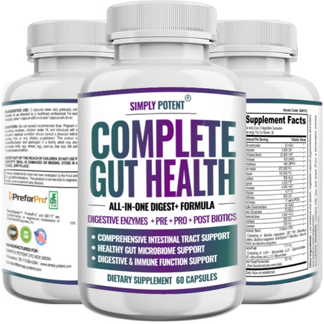 Complete Gut Health, Digestive Enzymes plus Prebiotic, Probiotic & Post Biotic Gastrointestinal Support, Supports Gut Health & Immune Function, 60 Capsules