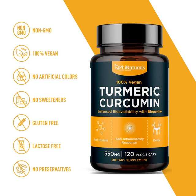 Turmeric Curcumin with Bioperine Black Pepper Extract Capsules by Phi Naturals - Turmeric Curcumin Supplement