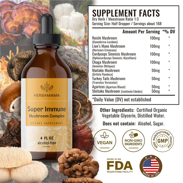 HERBAMAMA Super Immune Mushroom Complex Liquid Extract - Immune Support & Energy Supplement, 4 Fl. Oz