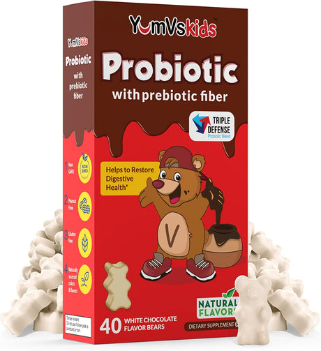 YUM-V'S - Probiotics for Kids with Prebiotic Fiber Milk Chocolate Chewable Supplements (1 Pack - 40 Count) - Kids Probiotic Dietary Supplement Chewables for Digestive Health - Toddlers, Kids & Teens