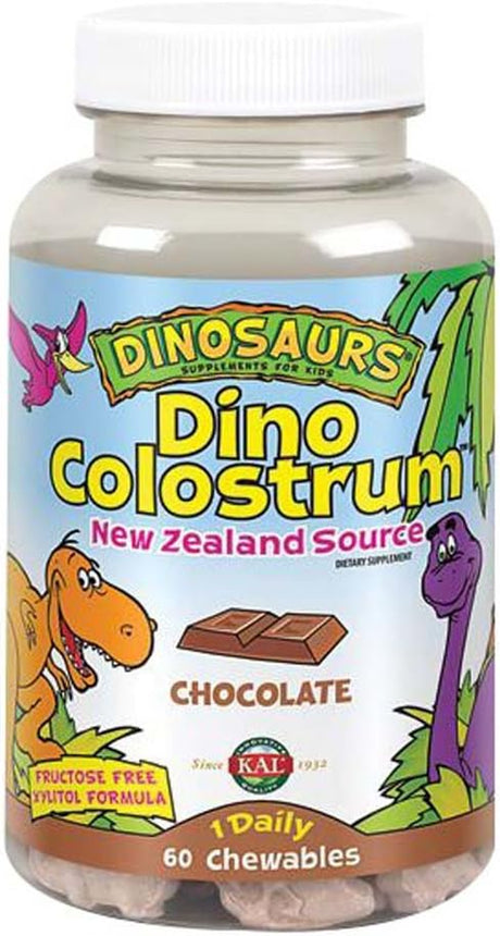 KAL Dino Colostrum - Natural Dark Chocolate Flavor - Bovine Colostrum for Immune Function, Tissue Growth & Repair, and General Well Being Support for Kids - 60 Chewables, 60 Servings