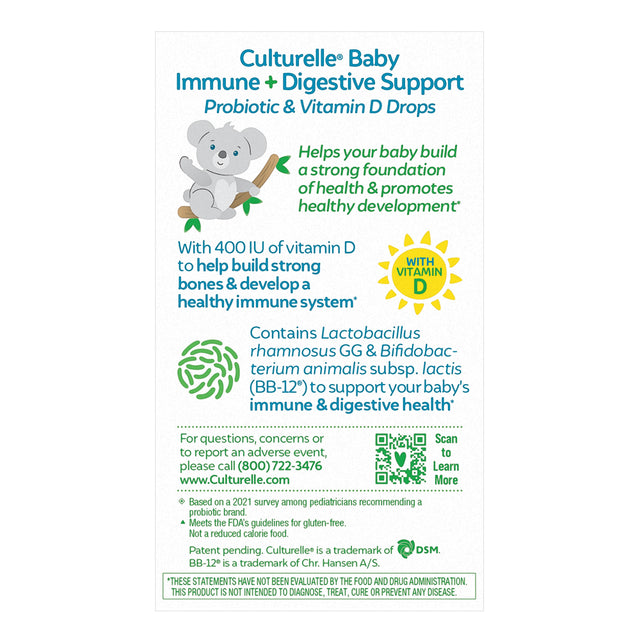 Culturelle Baby Immune & Digestive Support Probiotic + Vitamin D Drops for Babies (0-12 Months), Gluten Free, Non-Gmo, 9 Ml