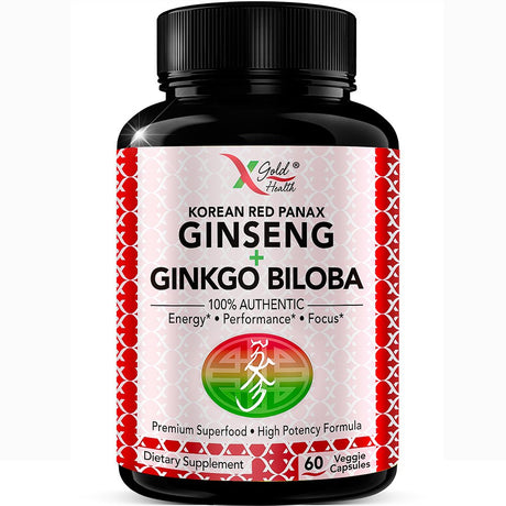 Korean Red Panax Ginseng 1200Mg + Ginkgo Biloba - Extra Strength Root Extract Powder Supplement W/High Ginsenosides Vegan Capsules for Energy, Performance & Focus Pills for Men & Women