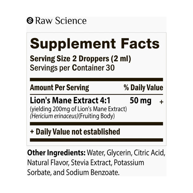 Raw Science | Lion'S Mane Mushroom Supplement | Brain Supplements for Memory and Focus | Vegan, Gluten Free, Soy-Free | 2 Fl Oz