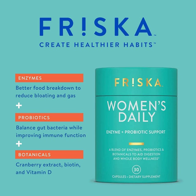 FRISKA Womens Daily Digestive Enzyme and Probiotics Supplement, Natural Support for Female Digestion, Immune and Urinary Health, 30 Capsules