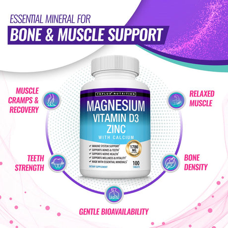 Toplux Magnesium Zinc Vitamin D3 Calcium - Support Bone & Muscle Health, Immune System 100 Tablets