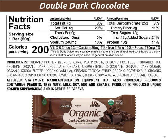 Nugo Organic Double Dark Chocolate with Sea Salt, 10G Vegan Protein, Gluten Free, 12 Count