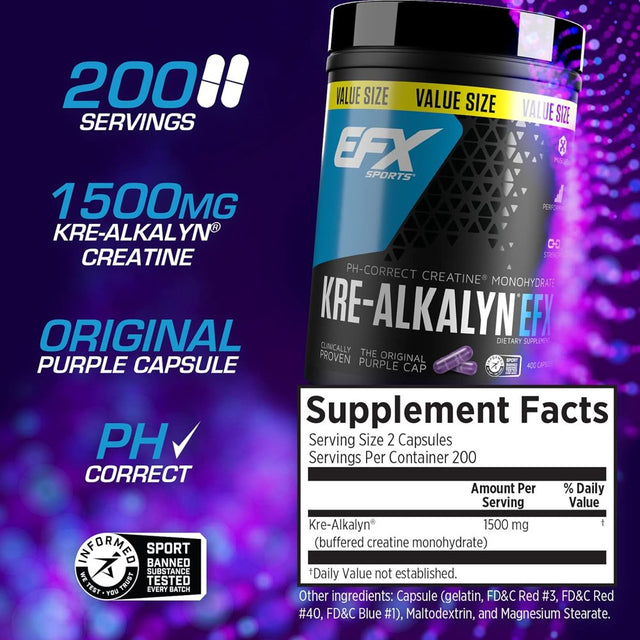 EFX Kre-Alkalyn , PH Correct Creatine Monohydrate , Patented Formula, Gain Strength, Build Muscle & Enhance Performance - 400 Capsules / 200 Servings