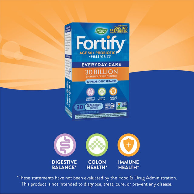 Fortify Age 50+ Everyday Care Probiotic Capsules, 30 Billion Live Cultures, Unisex, 30 Count