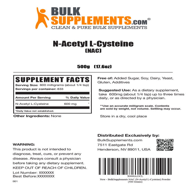 Bulksupplements.Com NAC (N-Acetyl L-Cysteine) Powder, 600Mg - Lungs Support (500 Grams)