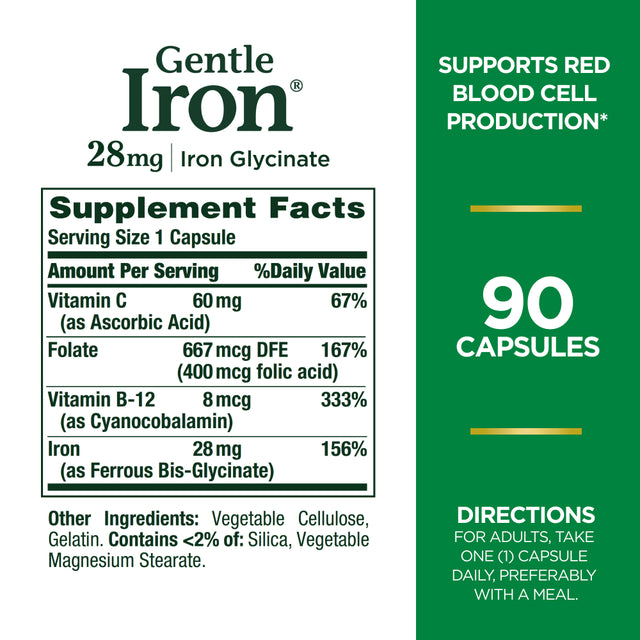 Nature'S Bounty Gentle Iron Glycinate 28 Mg Capsules, Supports Red Blood Cells, 90 Ct