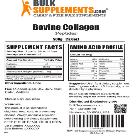 Bulksupplements.Com Hydrolyzed Collagen (Bovine) Powder, 11G - Bone & Joint Support (500G - 45 Servings)