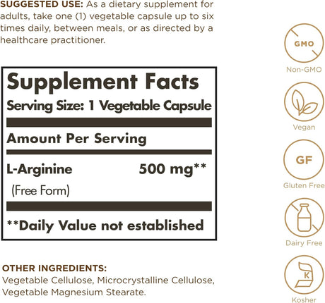 Solgar L-Arginine 500 Mg - 250 Vegetable Capsules - Nitric Oxide Stimulator - Non-Gmo, Vegan, Gluten Free, Dairy Free, Kosher - 250 Servings