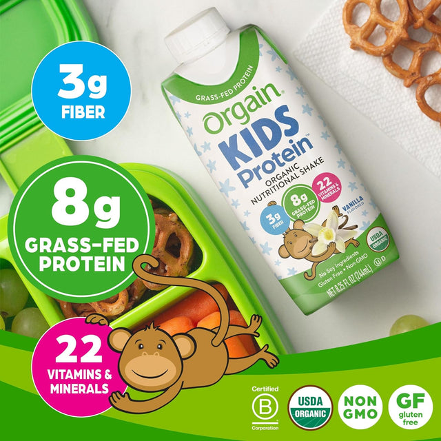 Orgain Organic Kids Nutritional Protein Shake, Vanilla - Kids Snacks with 8G Dairy Protein, 22 Vitamins & Minerals, Fruits & Vegetables, Gluten Free, Soy Free, Non GMO, 8.25 Fl Oz (Pack of 12)