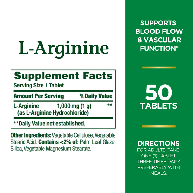 Nature'S Bounty L-Arginine 1000 Mg Capsules for Blood Flow Support, 50 Ct