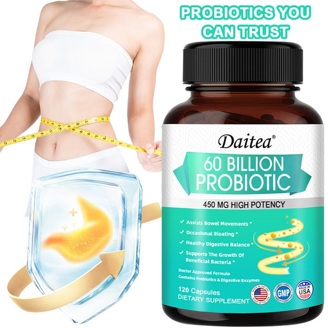 Daitea Probiotics 60 Billion + Probiotic Blend Capsules - 450 Mg per Serving - Gut Health, Digestion, Bloating, Constipation, Heart, Immune Support Supplement