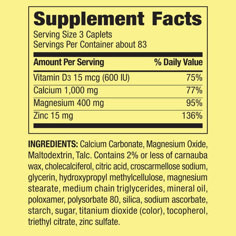 Spring Valley Calcium, Magnesium & Zinc plus Vitamin D3 Coated Caplets, 250 Count