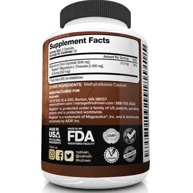 Nutrivein Magnesium L-Threonate (Mgt) - 90 Capsules - Boosts Brain Health, Memory & Focus