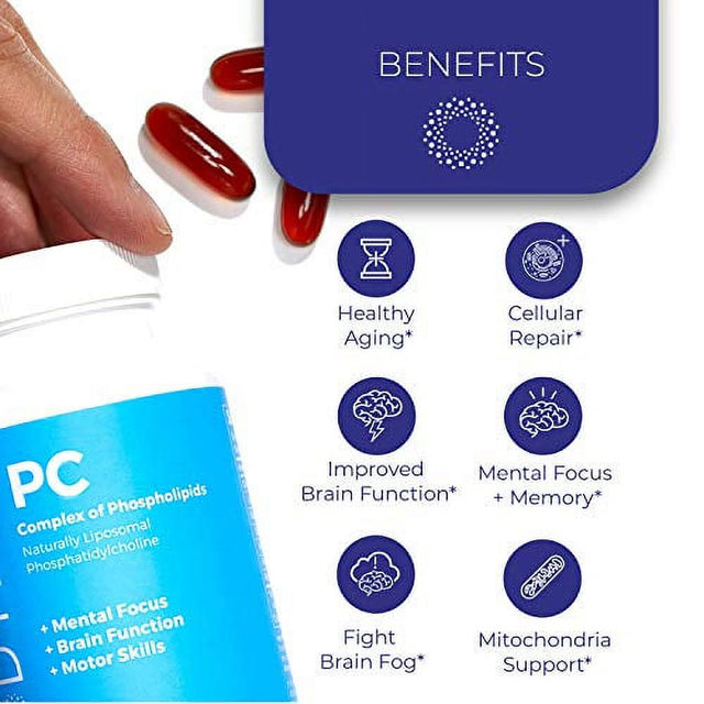 Bodybio - PC Phosphatidylcholine + Phospholipids - Liposomal for High Absorption - Optimal Brain & Cell Health - Boost Memory, Cognition, Focus & Clarity - 100% Non-Gmo - 60 Softgels