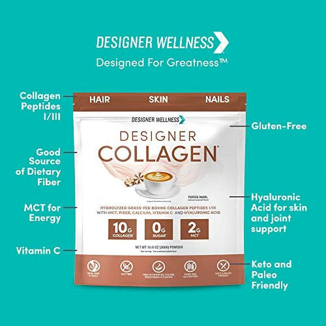 Designer Wellness, Designer Collagen Protein, Keto Hydrolyzed Grass-Fed Bovine Collagen Peptides I/III with MCT, Fiber, Calcium, Vitamin C and Hyaluronic Acid (Toffee Swirl)