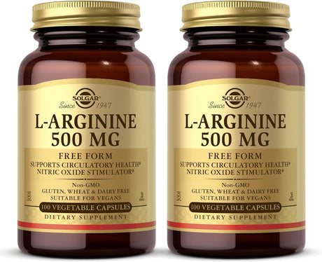 SOLGAR L-Arginine 500 Mg - 100 Vegetable Capsules, Pack of 2 - Nitric Oxide Stimulator - Non-Gmo, Vegan, Gluten Free, Dairy Free, Kosher - 200 Total Servings