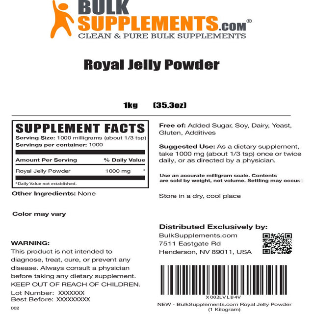 Bulksupplements.Com Royal Jelly Powder, 1000Mg - Brain & Immune Support Supplement (1Kg - 1000 Servings)