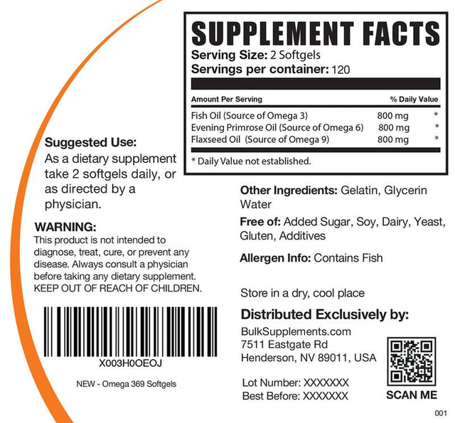 Bulksupplements.Com Omega 3-6-9 Softgels, 2400Mg - Brain & Heart Support (240 Softgels - 120 Servings)