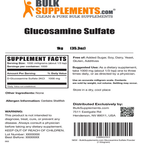 Bulksupplements.Com Glucosamine Sulfate Powder, 1000Mg - Promotes Bone & Joint Health (1KG - 1000 Servings)