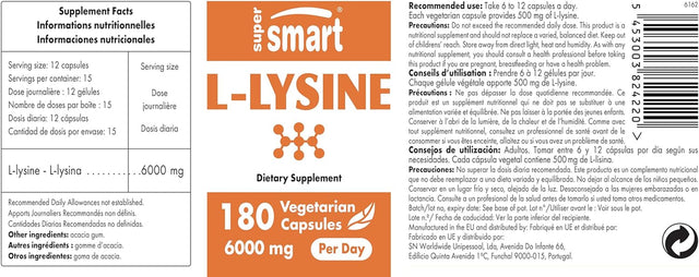 Supersmart - L-Lysine Supplement 6000Mg per Day (Amino Acids) - Immune Support - Collagen Synthesis - Bones, Skin & Muscle Health | Non-Gmo & Gluten Free - 180 Vegetarian Capsules