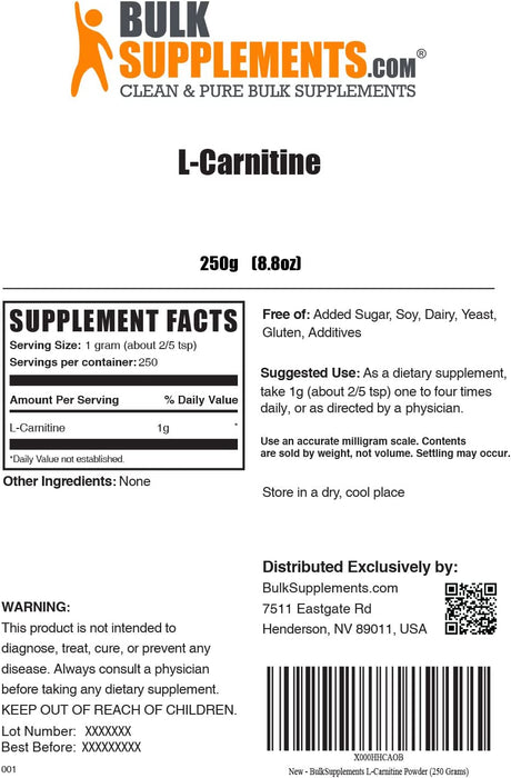 BULKSUPPLEMENTS.COM L-Carnitine Powder - Carnitine Supplement, L Carnitine 1000Mg, Carnitine Powder - Amino Acids Supplement, Energy Support - Gluten Free, 1G per Serving, 250G (8.8 Oz)