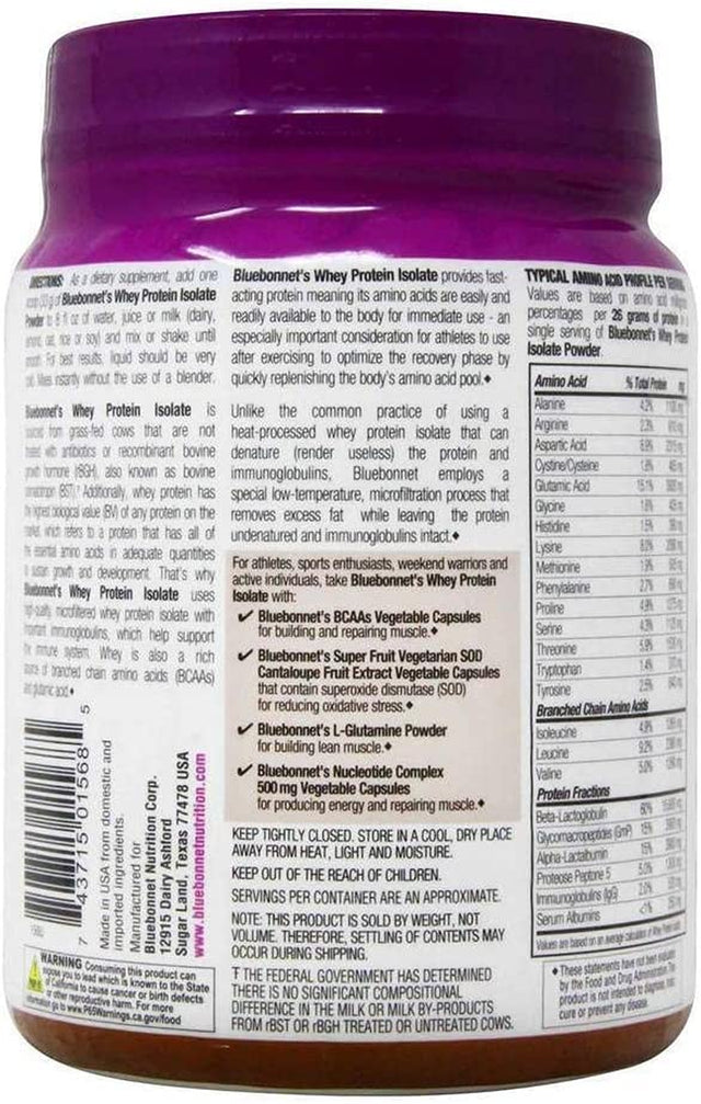 Bluebonnet Nutrition Whey Protein Isolate Powder, Whey from Grass Fed Cows, 26G of Protein, No Sugar Added, Gluten Free, Soy Free, Kosher Dairy, 1 Lb, 14 Servings, Chocolate Flavor