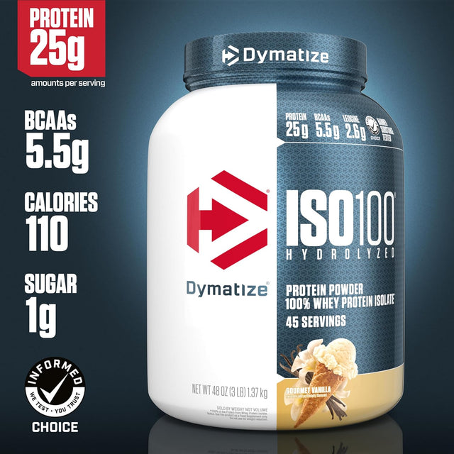 Dymatize ISO 100 Whey Protein Powder with 25G of Hydrolyzed 100% Whey Isolate, Gluten Free, Fast Digesting, Gourmet, 3 Pound, Vanilla, 3 Pound , 48 Oz