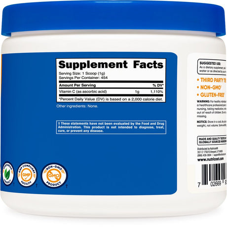 Nutricost Vitamin C (Ascorbic Acid) Powder 1LB - Gluten Free, Non-Gmo Supplement