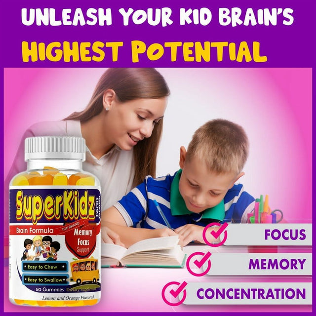 Superkidz Brain Focus Omega 3 Gummies for Kids (Pack of 2), Brain Booster Supplement for Focus, Memory, Clarity, Energy, Tasty Delicious Fruit Flavor