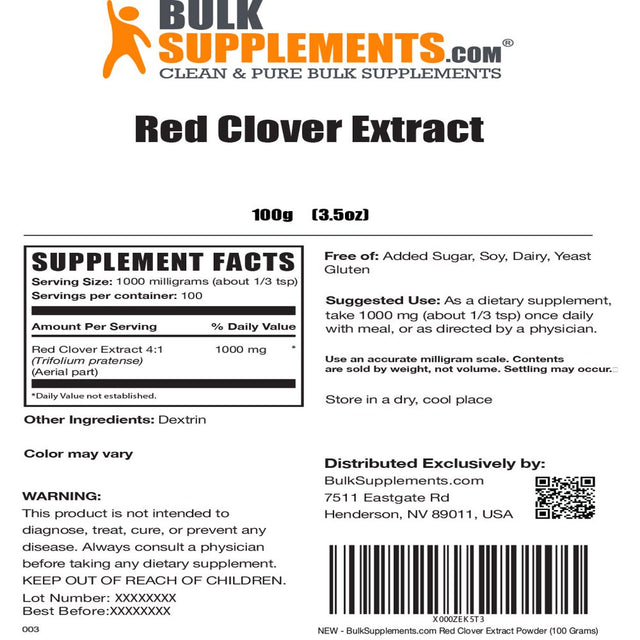 Bulksupplements.Com Red Clover Extract Powder, 1000Mg - Herbal Extract - Promotes Hair Health - Bone Support (100G - 100 Servings)