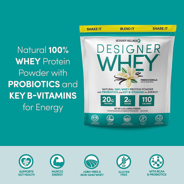 Designer Wellness, Designer Whey, Natural Whey Protein Powder with Probiotics, Fiber, and Key B-Vitamins for Energy, Gluten-Free, French Vanilla, 2 Lb