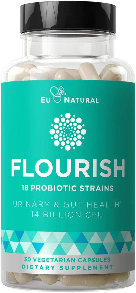 Flourish Probiotics + Prebiotics for Women – Gut and Digestion, Urinary Tract, Reduce Bloating, Vaginal Health – 18 Clinically Proven Strains, 14 Billion CFU – 30 Shelf-Stable Mini Vegan Capsules