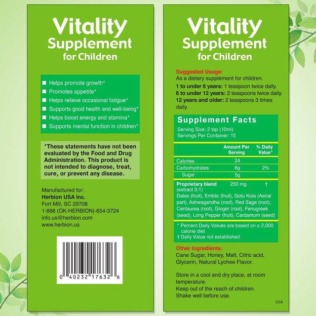 Vitality Supplement for Children - Promotes Growth and Appetite - Relieves Fatigue - Improves Mental and Physical Performance – 5 Fl Oz, for Kids 1 Year and Above, Pack of 2